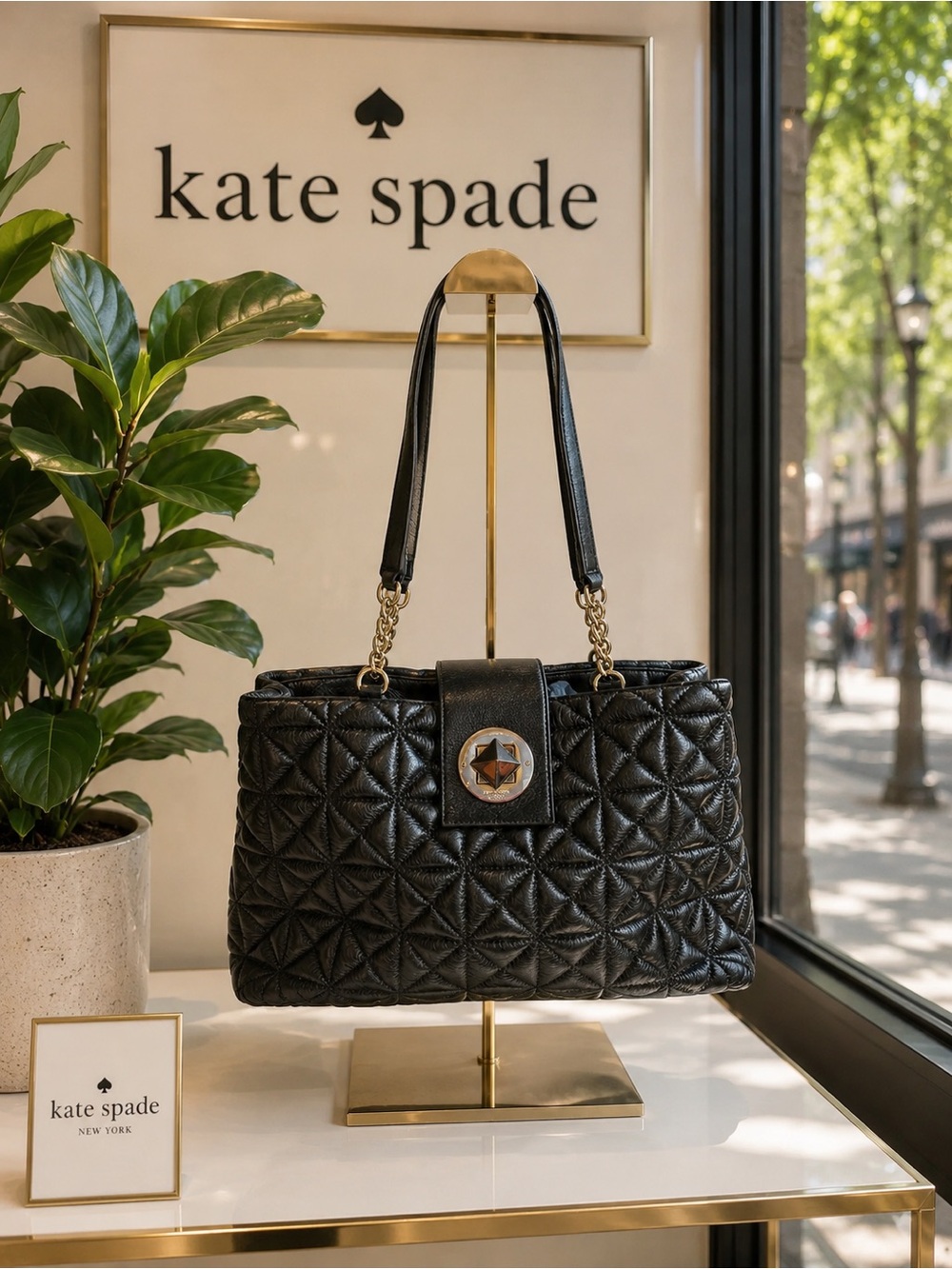kate spade Black Quilted Leather Shoulder Bag with Gold Hardware